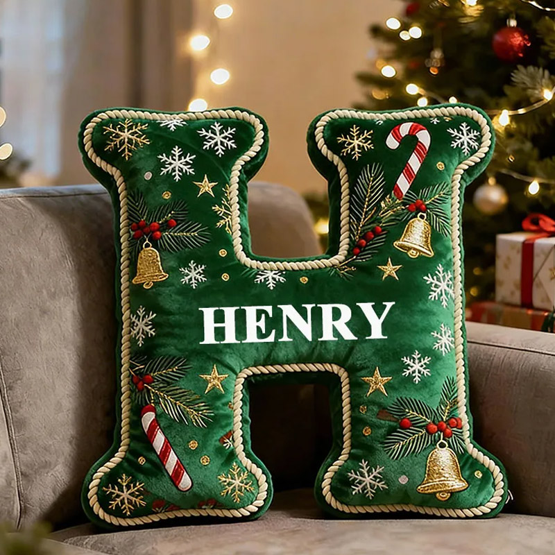 Personalized Christmas Letter Pillow Green Festive Holiday Decor Candy Cane and Bell Graphic 3D Print Custom Cushion for Living Room Soft Decorative