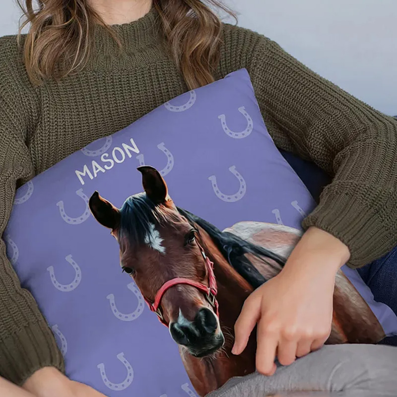 Personalized Horseshoe Horse Face Photo Throw Pillow Cover with Name Home Decor Birthday Anniversary Gift for Horse Owner Lover Equestrian Lovers