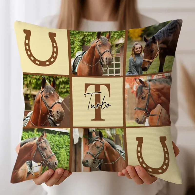 Personalized Nine Square Grid Photo Horseshoe Soft Throw Pillow Cover with Name and Initial Home Decor Equestrian Game Day Gift for Horse Lovers