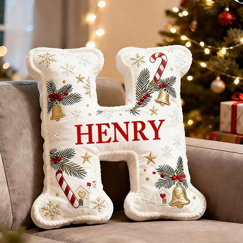 Personalized Christmas Initial Pillow Graphic 3D Print Custom Name Pillow Festive Holiday Decor Cozy Home Accent Soft Cushion Gift for Family and Kids 