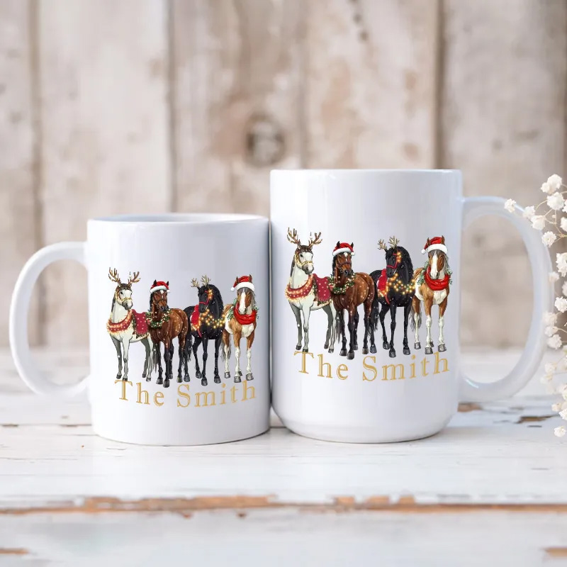 Personalized Four Horses Xmas Equestrian Mug French Countryside Gifts Coffee Cup Bicycle Tea Cup Riding Ceramic Mug Gift for Riding Lovers Equestrian Lovers