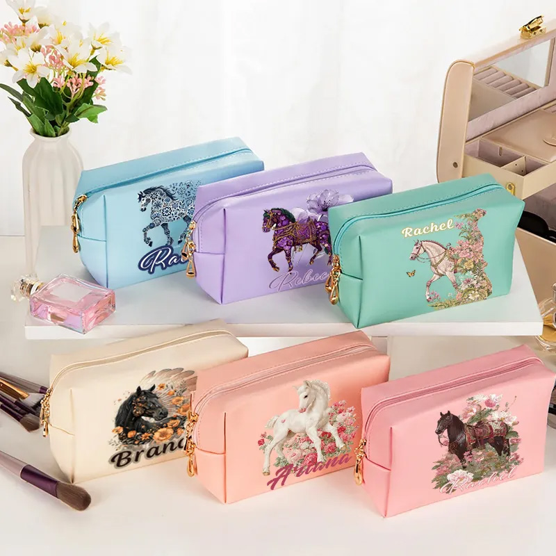 Personalized Horse Makeup Tool Organizer Toiletry Bag Custom Name for Kids Travel Gifts and Daily Use Weekender Back To School Gift for Girls Riding Lovers Equestrian Lovers