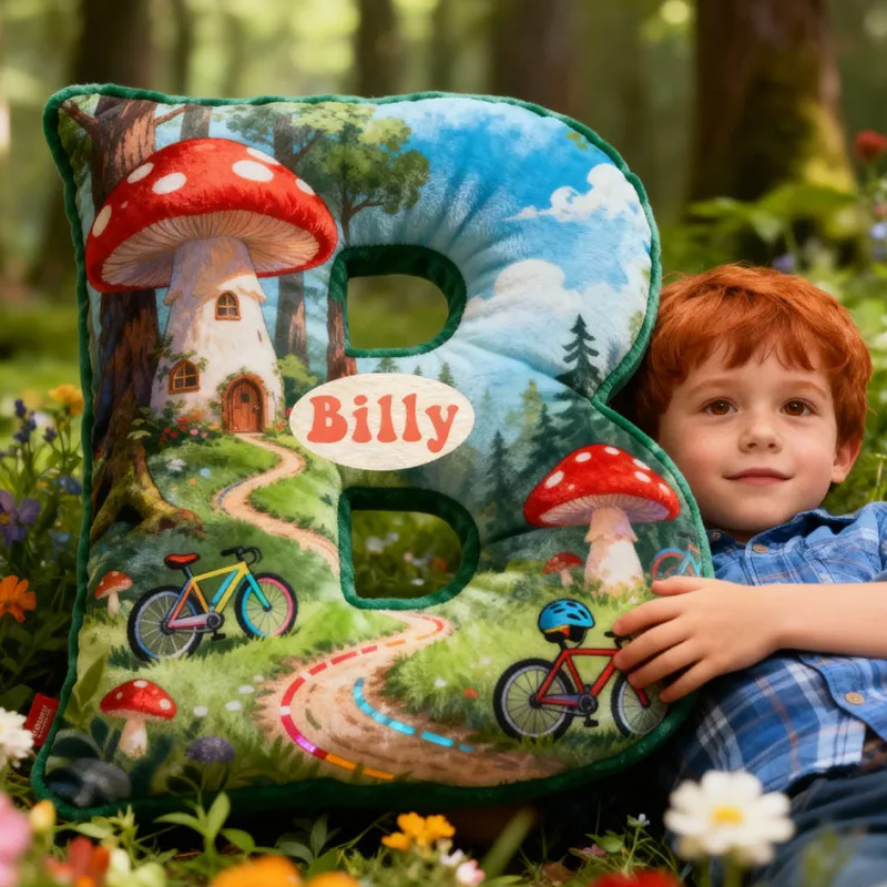 Personalized Forest Mushroom Bicycle Adventure Letter Pillow Custom Name Festive Decor with Bicycle Adventure Gifts for Family Graphic 3D Print Cycling Riding Lovers