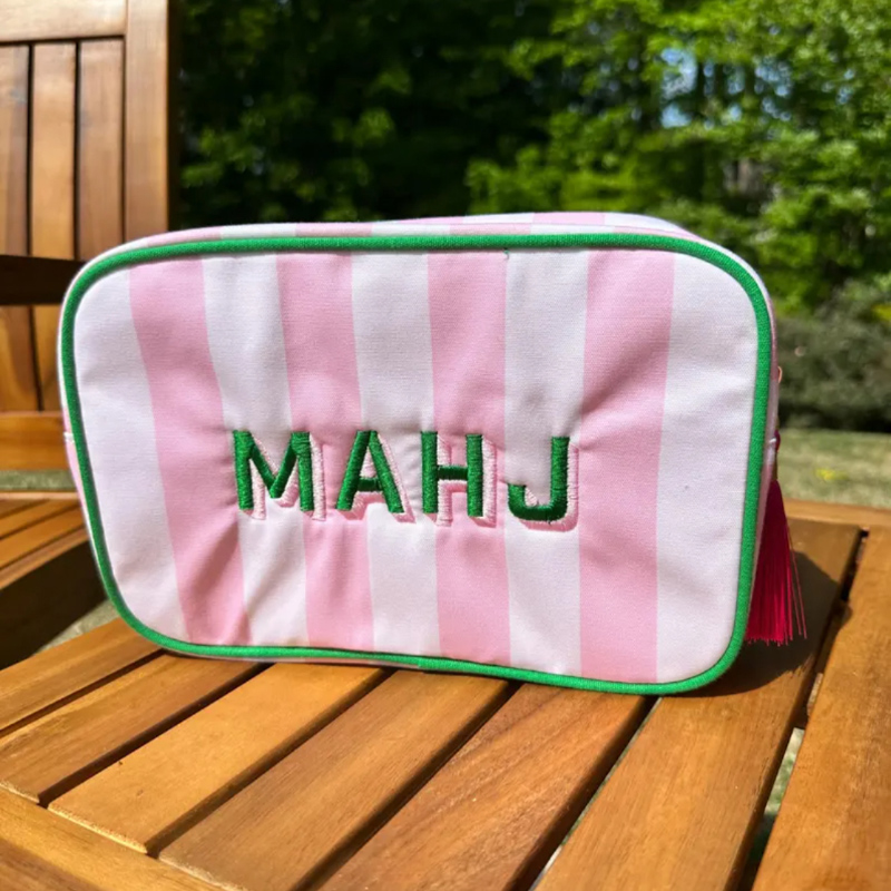 Personalized Mahjong Tile Striped Bag with Tassel Zipper Canvas Pouch Mahjong Lover Gift