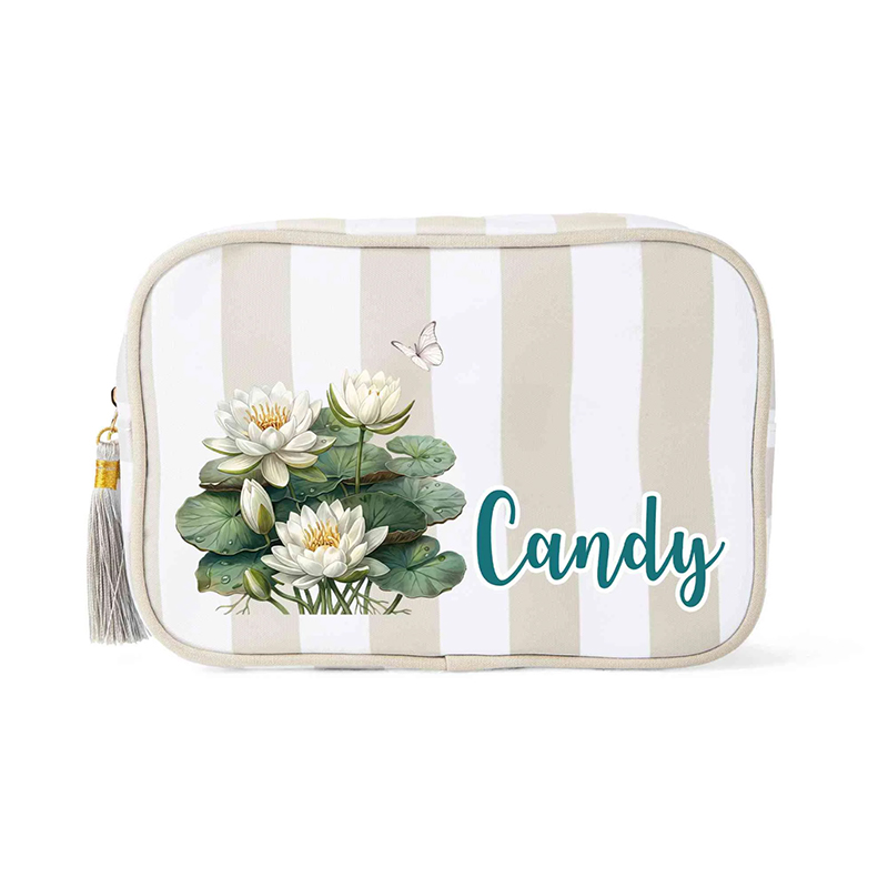 Personalized Name Birth Flower Striped Makeup Bag with Tassel Zipper, Canvas Toiletry Pouch, Birthday/Wedding Gift for Her/Mom/Bridesmaids/Women