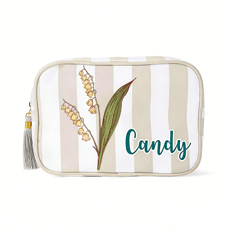 Personalized Birth Flower Striped Makeup Bag with Tassel Zipper, Canvas Toiletry Pouch, Birthday/Wedding Gift for Her Summer Beach Gift