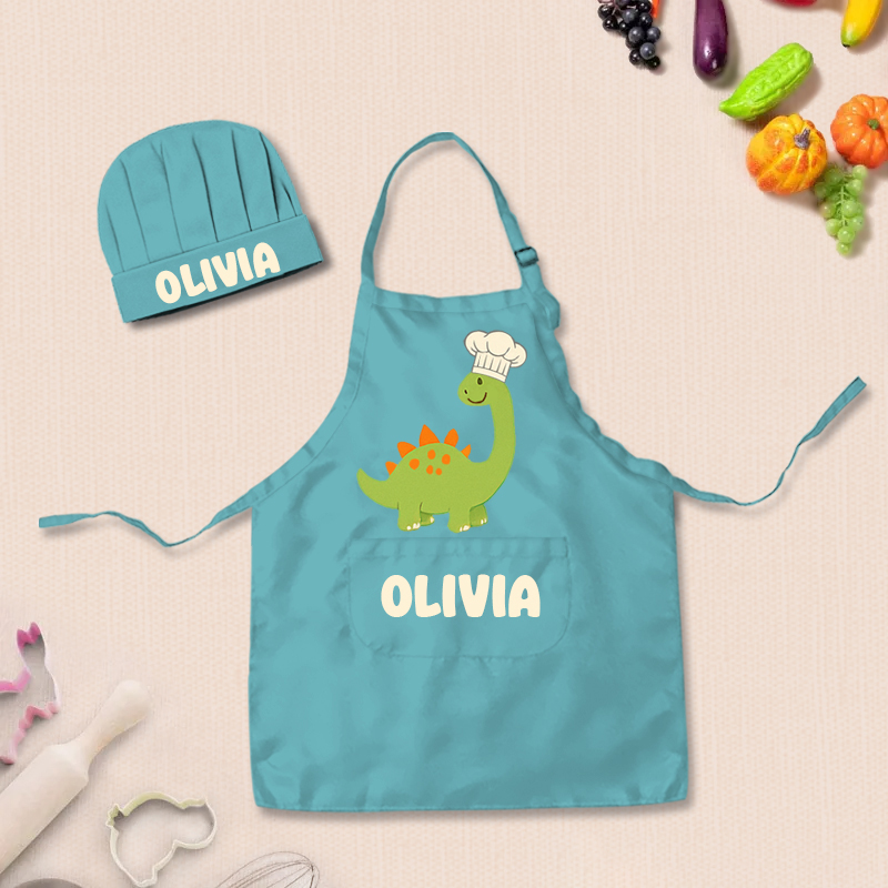 Personalized Cartoon Dinosaur Adjustable Kid Apron Chef Hat Set with Pocket and Name for Cooking Baking Birthday Holiday Gift for Kids