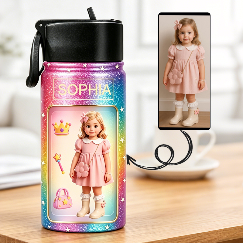Personalized Glitter Rainbow Kids Water Bottle Custom Name Photo Thermos Cup Cute Princess Gift For Girls Design