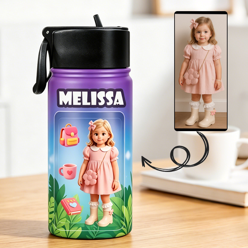 Personalized Purple Kids Water Bottle Custom Name Photo Thermos Cup Cute Floral Garden Theme Gift For Girls Design