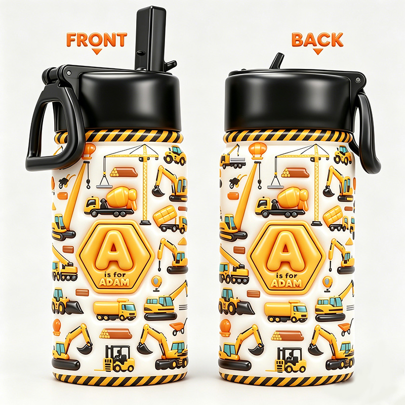 Personalized Construction Crew Kids Water Bottle with 3D Style Custom Name Construction Vehicles Design