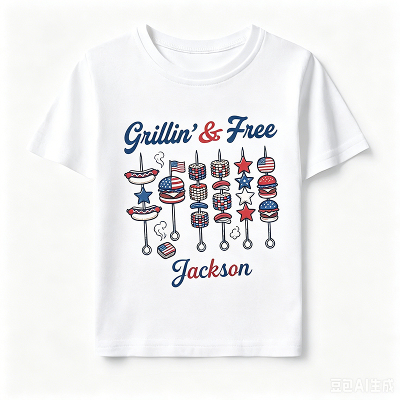 Personalized Grillin And Free Patriotic BBQ Hotdogs Hamburgers Skewers Red White Blue Fourth Of July Kid Shirt