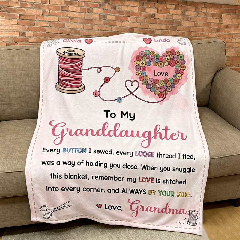 Personalized To My Granddaughter Sewing Themed Blanket Custom Gift with Names Buttons and Heartfelt Message