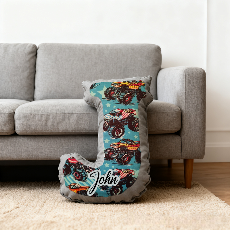 Personalized Monster Truck Initial Pillow with Custom Name Gift for Truck Enthusiasts