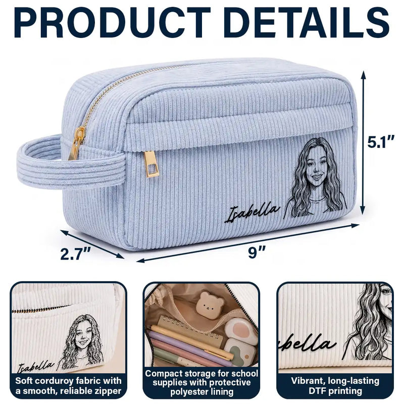 Custom Photo Kid Pet Family Besties Portrait Pencil Sketch - Personalized Corduroy Pencil Case