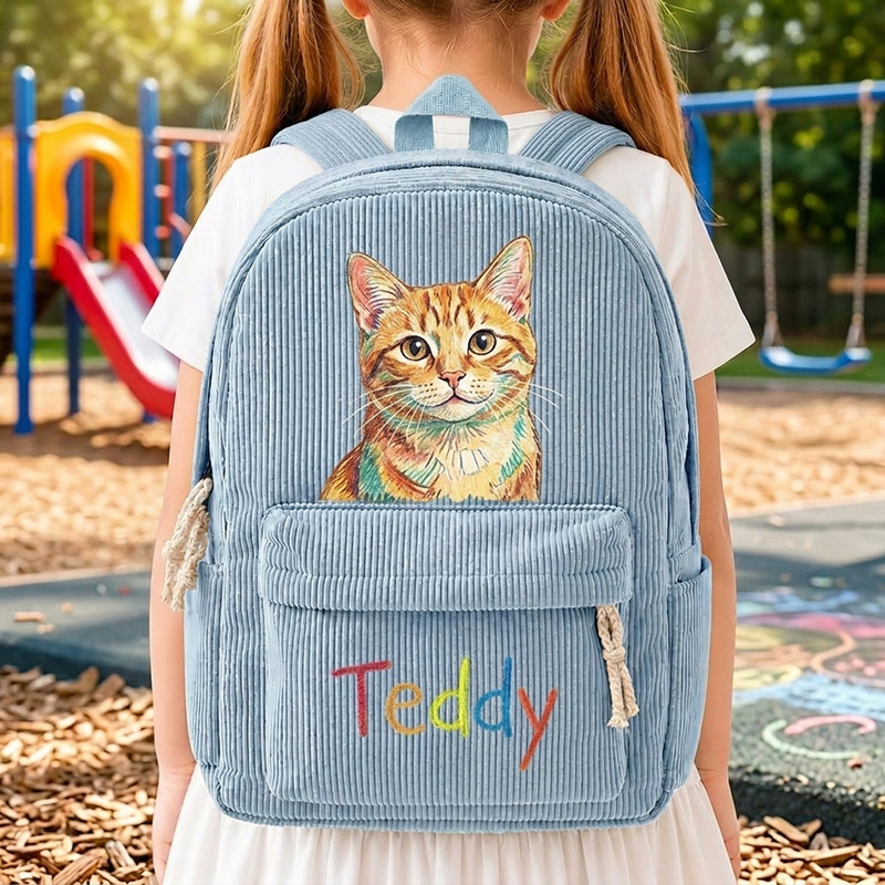 Personalized Corduroy Backpack Custom Photo Family Besties Dog Cat Portrait Hand‑Drawn Portrait