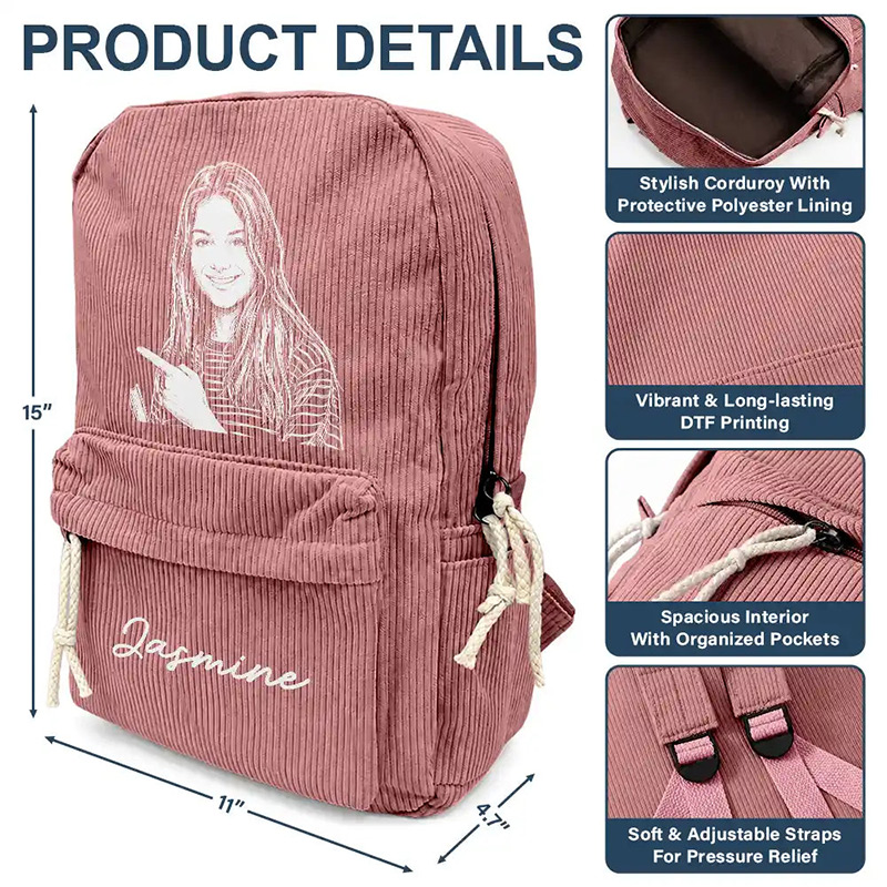 Personalized Corduroy Backpack Custom Photo Family Besties Dog Cat Portrait Pencil Sketch