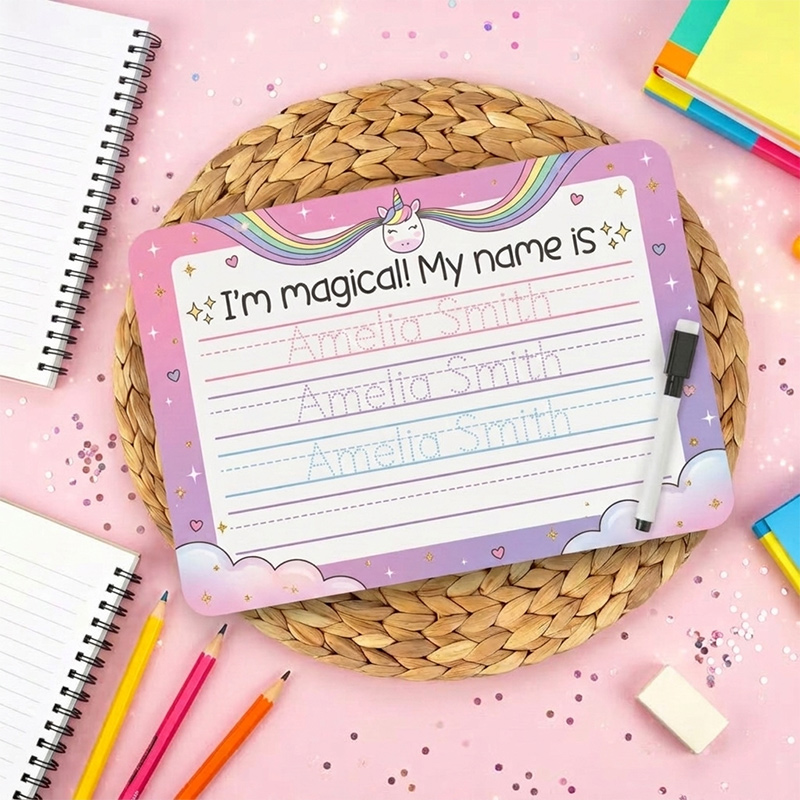 Personalized Magical Horse Mermaid Flower Handwriting Name Tracing Board with Dry-Erase Pen Home Learning Accessory Back to School Birthday Gift for Kids