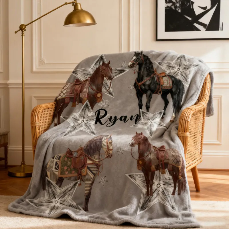 Personalized Riding Star Blanket Equestrian Horse Custom Name Festive Stars Decor with French Countryside Gifts Family Blanket for Riding Lovers Equestrian Lovers