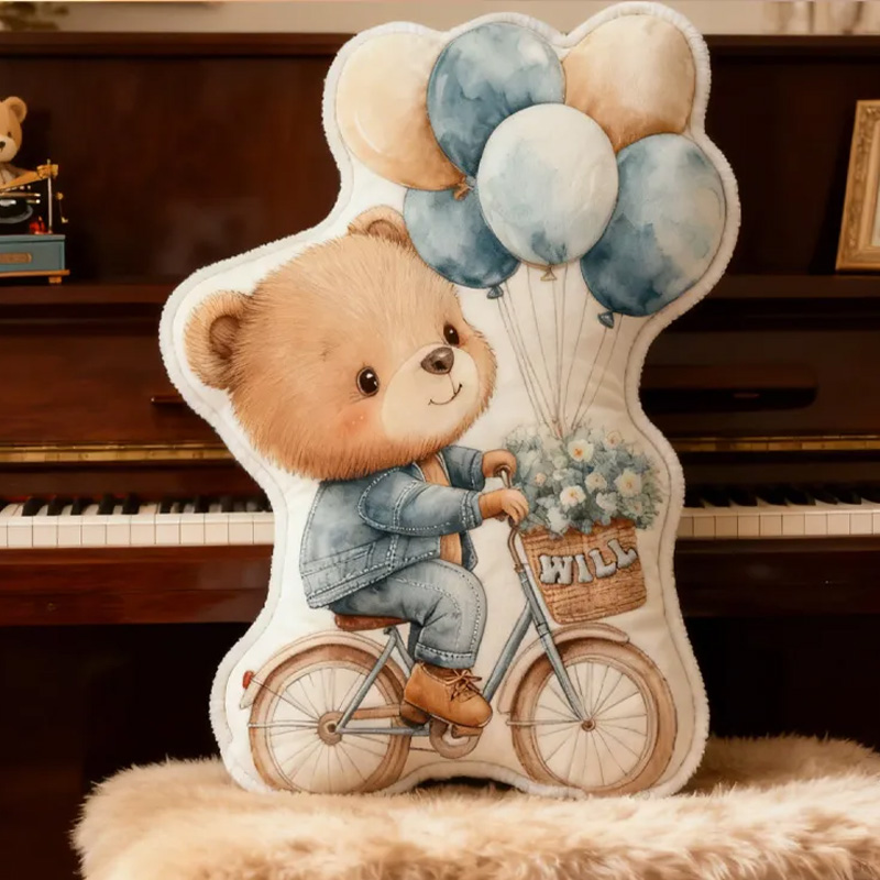 Personalized Teddy Riding Pillow Cozy Lovely Graphic 3D Print Bicycle Throw Pillow Name Pillow Comfortable Balloon Travel Cushion for Kids Girls Riding Lovers