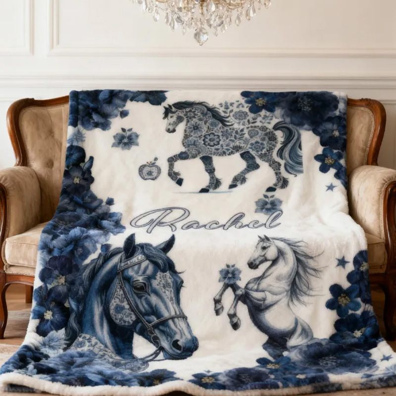 Personalized Riding Blanket Equestrian Horse Custom Name Blue And White Porcelain Decor with French Countryside Gifts Family Blanket for Riding Lovers Equestrian Lovers