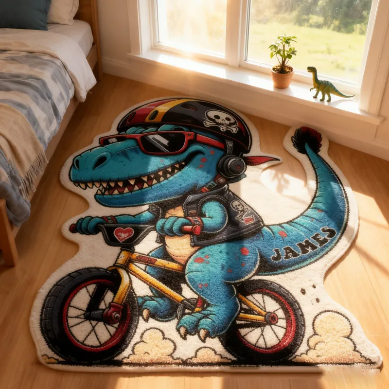 Personalized Dino Rider Graphic Rug Doormat Kids Cycling Dinosaur Rug Doormat Children's Bedroom Playroom Rug Gifts for Kids Riding Lovers
