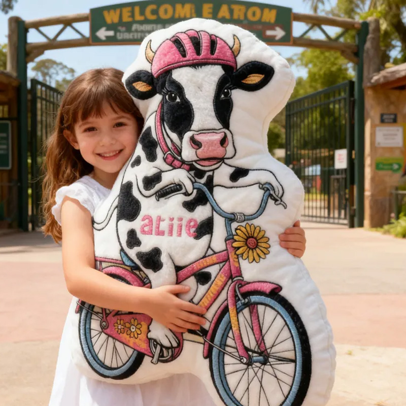 Personalized Cow Rider Bike Pillow Cozy Graphic 3D Print Funny Princess Pillow Name Pillow Comfortable Travel Cushion for Kids Girls Riding Lovers Sale-megacustom