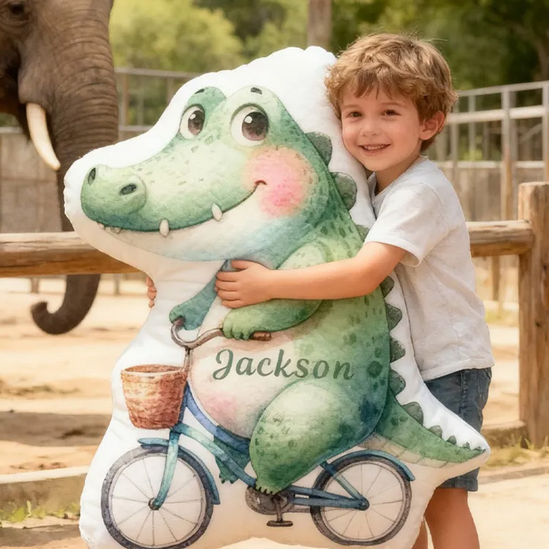 Personalized Crocodile Bike Pillow Cozy Graphic 3D Print Bow Pillow Name Pillow Comfortable Travel Cushion for Kids Riding Lovers