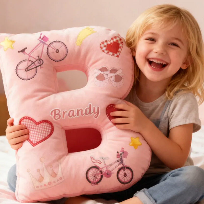 Personalized Cycling Pinky Heart Letter Pillow Graphic 3D Print Bow Letter Pillow Name Pillow Comfortable Travel Cushion for Riders Riding Lovers Sale-megacustom