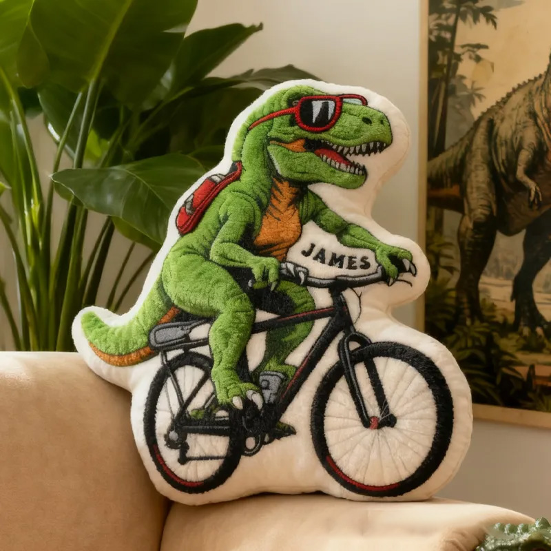 Personalized Dino Rider Bike Pillow Cozy Graphic 3D Print Cool Racing Biker Dino Pillow Name Pillow Comfortable Travel Cushion for Kids Boys Riding Lovers Sale-megacustom