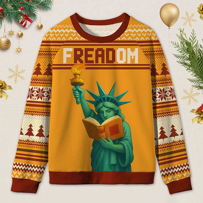 Personalized Reading Freedom Statue Fun Ugly Sweater Holiday Gift for Book Lovers