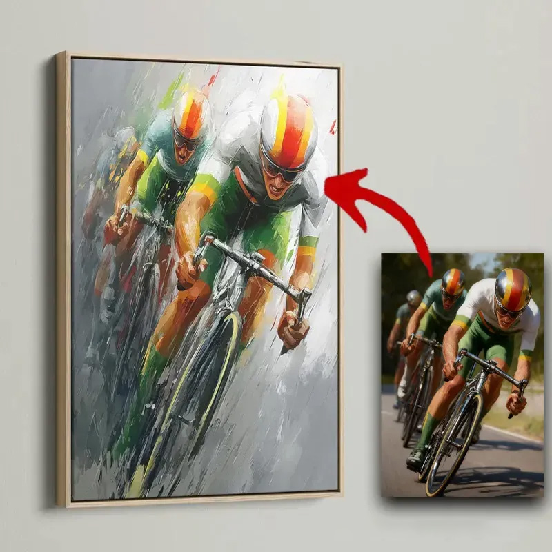 Personalized Photo Cycling Portrait Abstract Sport Wall Decor Painting Cyclist Gift Idea Cycling Present