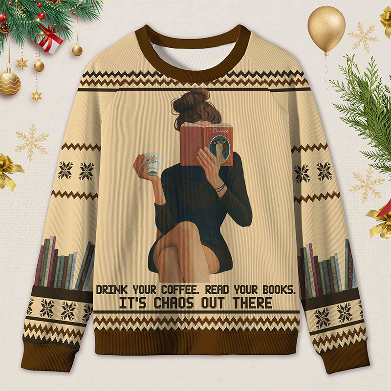 Personalized Bookish Barista Tranquil Reading Ugly Sweater Holiday Gift for Book Lovers