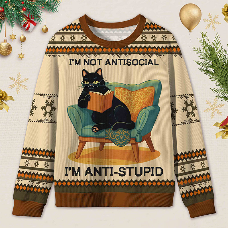 Personalized Wise Bookish Cat Reading Ugly Sweater Holiday Gift for Book Lovers