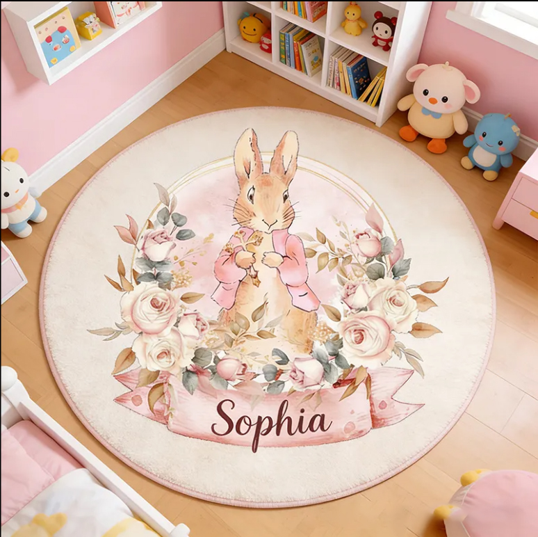 Personalize Cute Rabbit Cross Rug with Custom Name Room Decor Religious Rug Christian Gift Easter Gift for Kids