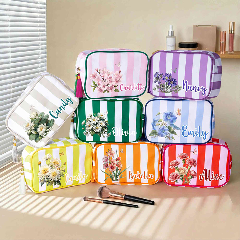 Personalized Name Birth Flower Striped Makeup Bag with Tassel Zipper, Canvas Toiletry Pouch, Birthday/Wedding Gift for Her/Mom/Bridesmaids/Women