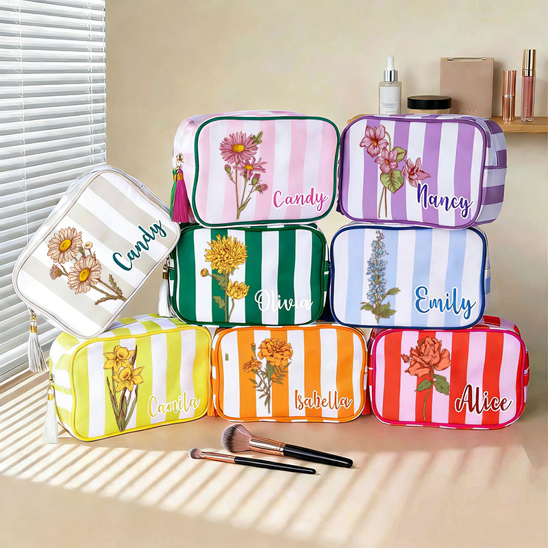 Personalized Birth Flower Striped Makeup Bag with Tassel Zipper, Canvas Toiletry Pouch, Birthday/Wedding Gift for Her Summer Beach Gift