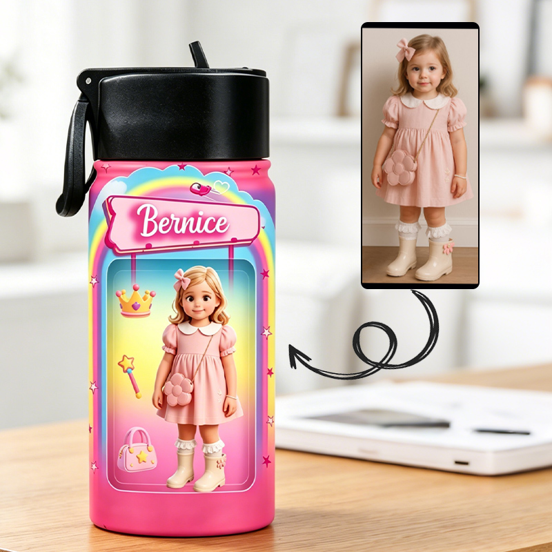 Personalized Pink Princess Kids Water Bottle Custom Photo Name Thermos Cup Cute Gift For Girl School Design