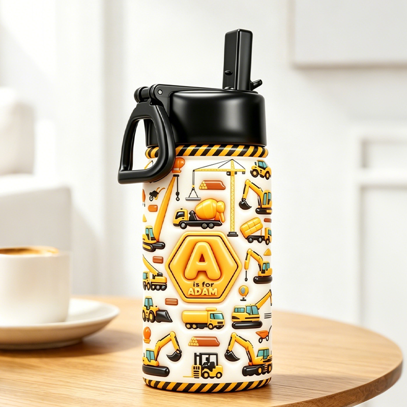 Personalized Construction Crew Kids Water Bottle with 3D Style Custom Name Construction Vehicles Design