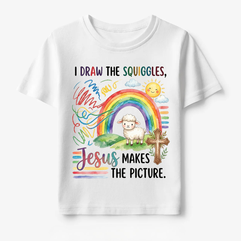 I Draw The Squiggles Jesus Makes The Picture Rainbow Christian Art Faith Inspiration Colorful Kid Shirt