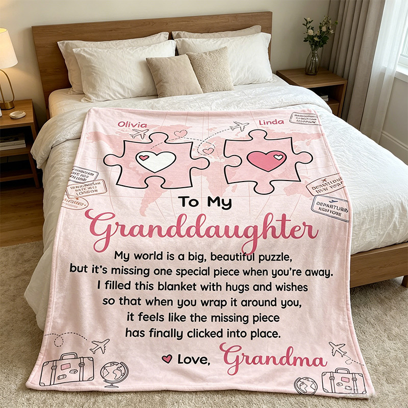Personalized To My Granddaughter Puzzle Piece Blanket Custom Long‑Distance Gift with Map and Heartfelt Message