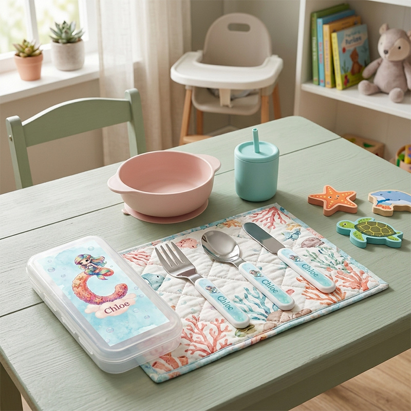 Personalized Mermaid Kids Cutlery Set with Case Fork Spoon Knife 3 Pcs Cutlery Set