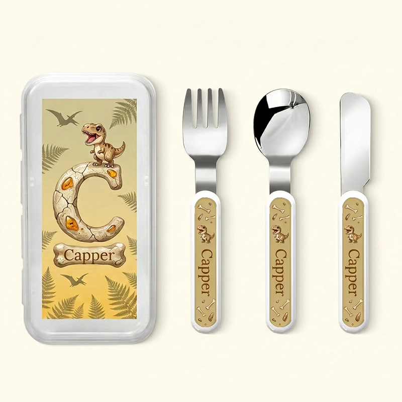 Personalized Dinosaur Kids Cutlery Set with Case T‑Rex Fossil Fork Spoon Knife 3 Pcs Cutlery Set with Name and Case