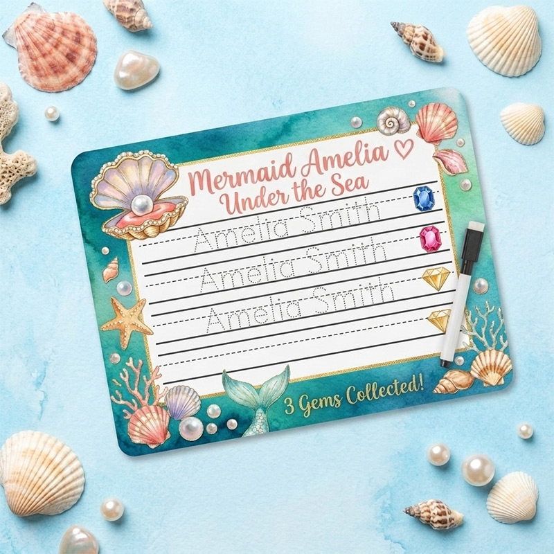 Personalized Magical Horse Mermaid Flower Handwriting Name Tracing Board with Dry-Erase Pen Home Learning Accessory Back to School Birthday Gift for Kids