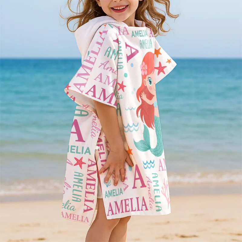 Personalized Cute And Beachy Custom Name Quick Dry Hooded Beach Towel with Name Beach Pool Essentials Birthday Gift for Kids Summer Pool Party Gift Baby Vacation Swim Poncho