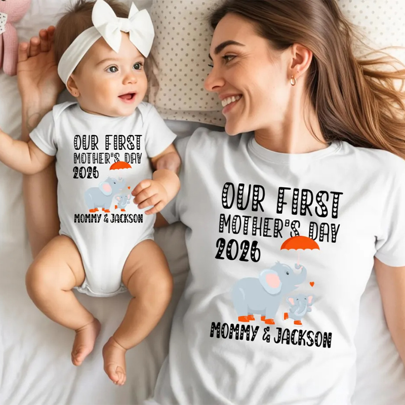 Personalized Name Our First Mothers Day 2026 Shirt New Mom Elephant Shirt, First Mothers Day Gift Mommy And Baby Matching