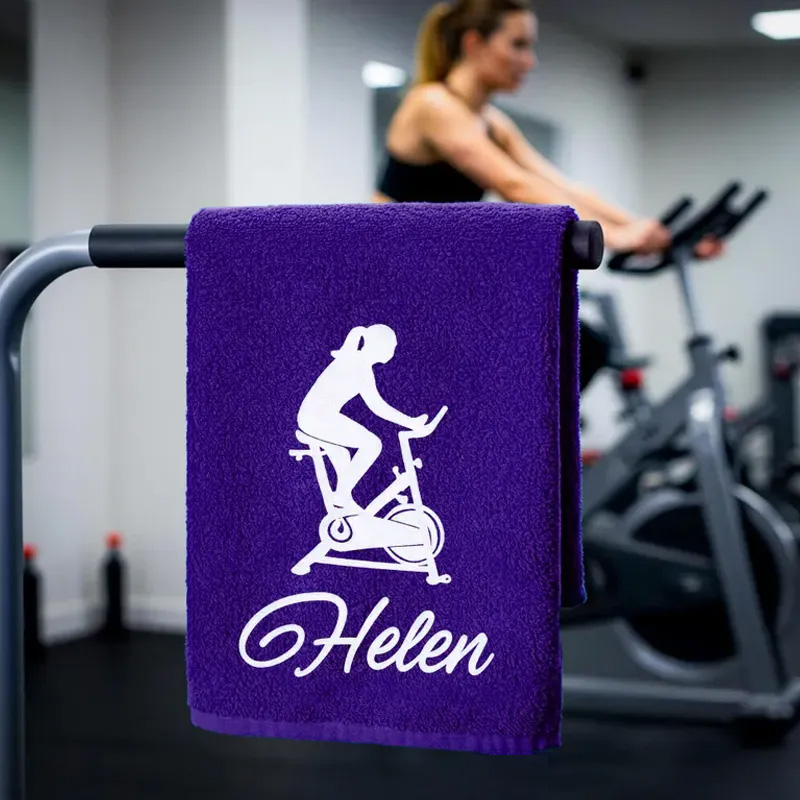 Personalized Gym Hand Towel with Female Indoor Cycling Graphic Print and Custom Name Perfect for Fitness Enthusiasts Bodybuilders and Gym Lovers