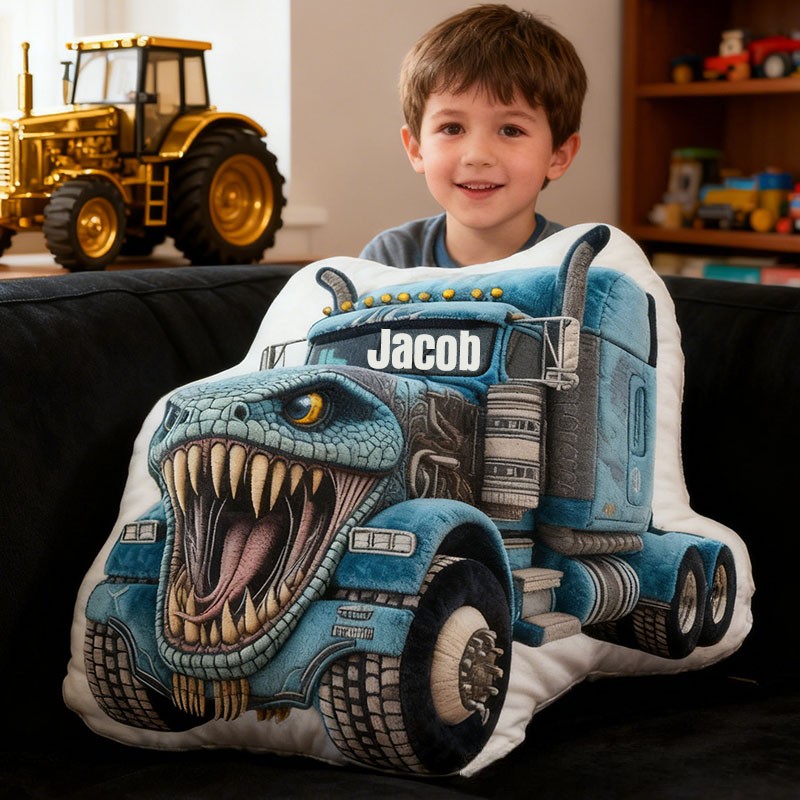 Personalized Cool Blue Crocodile Truck with Name Graphic 3D Print Pillow Christmas Gift for Kids or Baby Birthday Gift