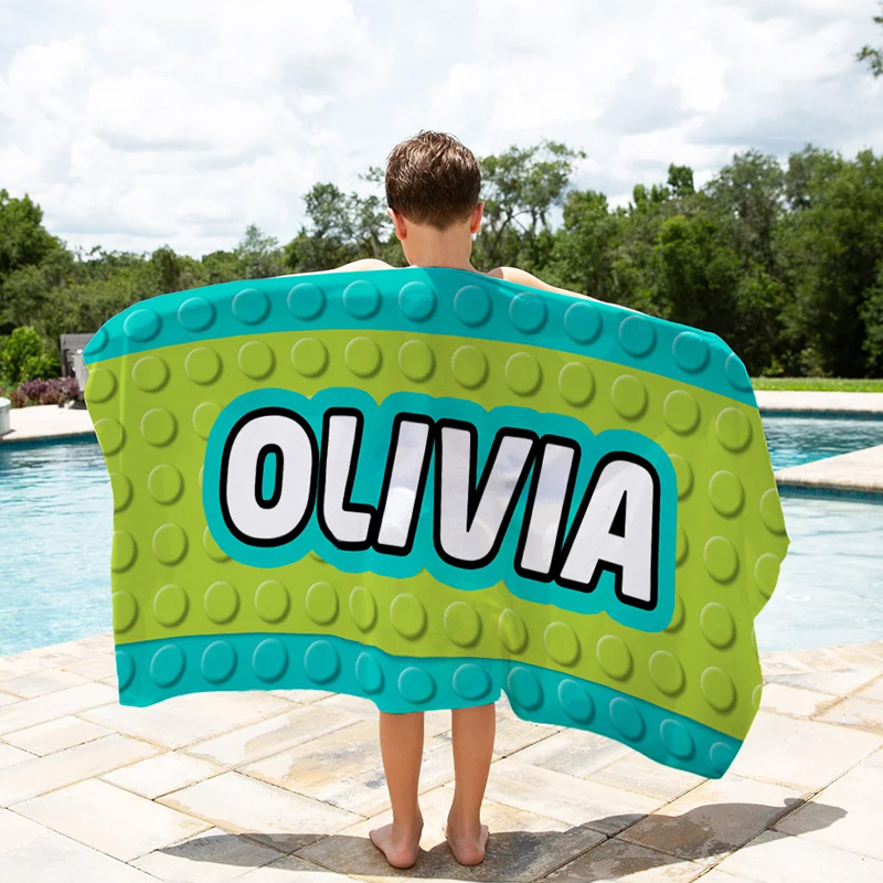 Personalized Gaming Blanket for Kid Colorful Pixel Building Blocks Quick Dry Oversized Microfiber Beach Towel with Name Summer Travel Essentials Birthday Gift for Geek Lovers
