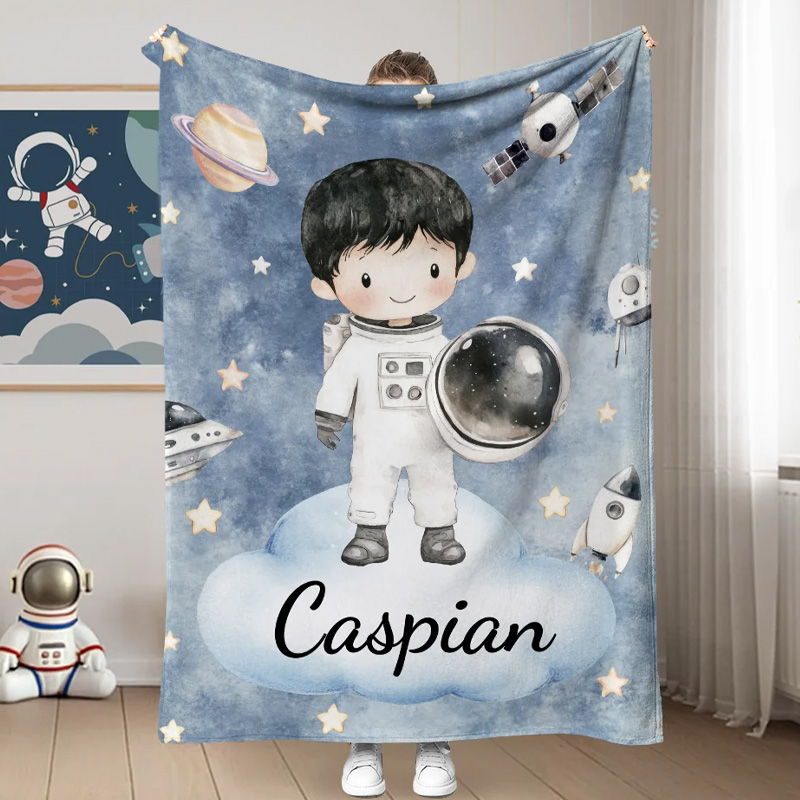 Personalized Cartoon Astronaut Soft Throw Blanket with Name Home Decor Birthday Gift for Girls Boys for Geek Lovers