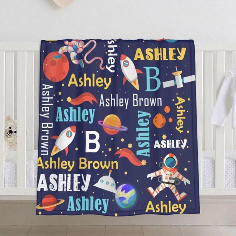 Personalized Space Theme Astronaut Rocket Fleece Soft Blanket with Name Birthday Gift for Kid Geek Lovers